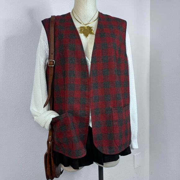 Vintage Plaid Vest Red Gray Checkered Retro Academia Preppy - Picture 1 of 6